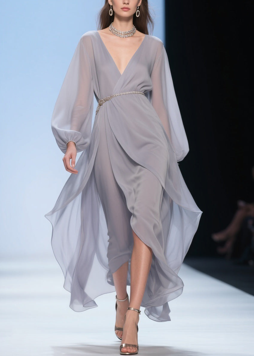 Plus Size Pale Smoggy Gray V Neck High Waist Solid Chiffon Dress Spring