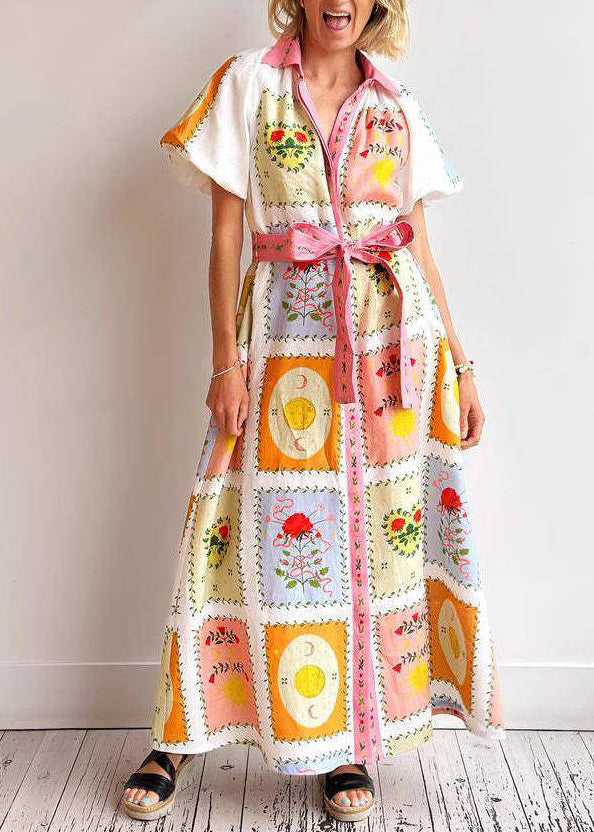 Plus Size Peter Pan Collar Tie Waist Maxi Shirts Dress Short Sleeve