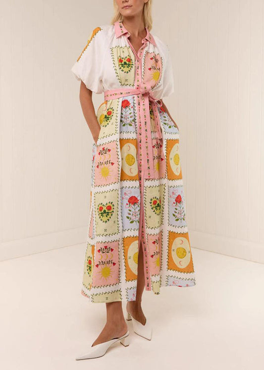 Plus Size Peter Pan Collar Tie Waist Maxi Shirts Dress Short Sleeve