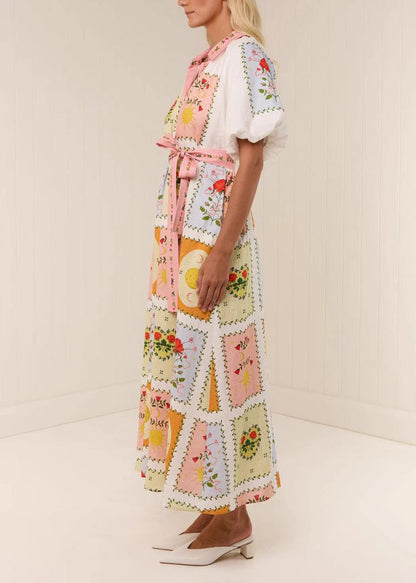 Plus Size Peter Pan Collar Tie Waist Maxi Shirts Dress Short Sleeve