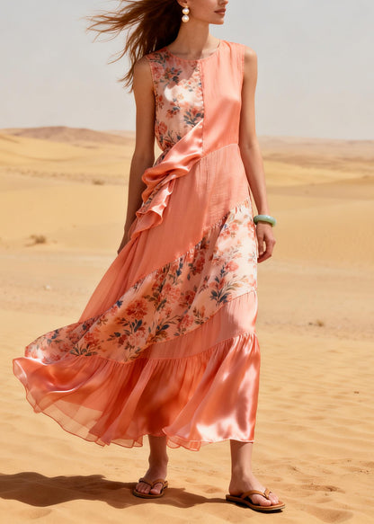 Plus Size Pink Asymmetrical Patchwork Chiffon Robe Dresses Summer