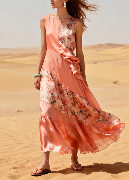 Plus Size Pink Asymmetrical Patchwork Chiffon Robe Dresses Summer