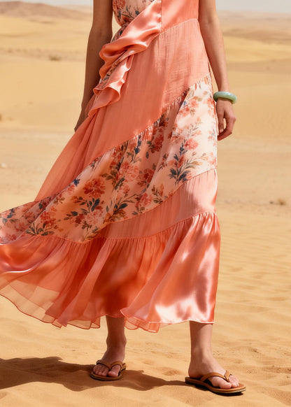 Plus Size Pink Asymmetrical Patchwork Chiffon Robe Dresses Summer