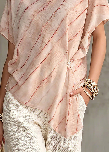Plus Size Pink Asymmetrical Striped Chiffon Tops Short Sleeve
