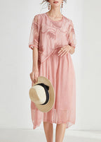 Plus Size Pink Embroidered Floral Chiffon Maxi Dress Short Sleeve