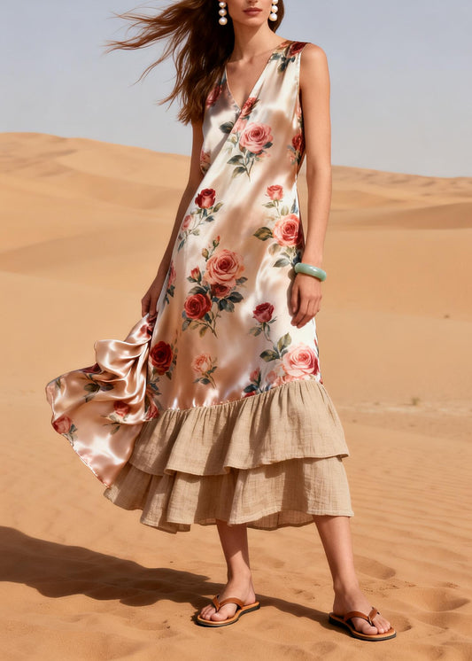 Plus Size Pink Flower Patchwork Linen Silk Vacation Dresses Summer