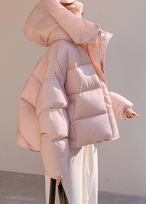 Plus Size Pink Hooded Zippered Pockets Duck Down Down Coat Winter