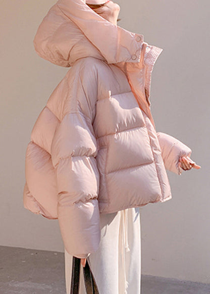 Plus Size Pink Hooded Zippered Pockets Duck Down Down Coat Winter