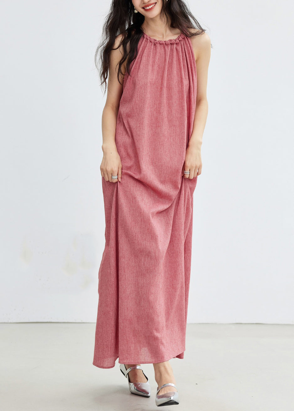 Plus Size Pink Lace Up Solid Cotton Long Dress Sleeveless