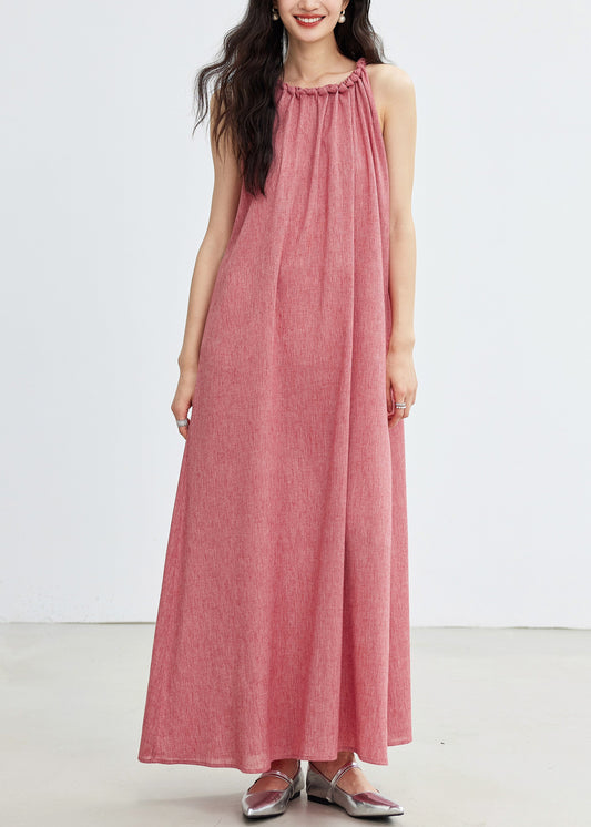 Plus Size Pink Lace Up Solid Cotton Long Dress Sleeveless