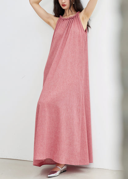 Plus Size Pink Lace Up Solid Cotton Long Dress Sleeveless