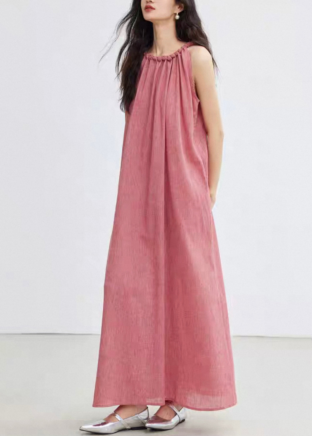Plus Size Pink Lace Up Solid Cotton Long Dress Sleeveless