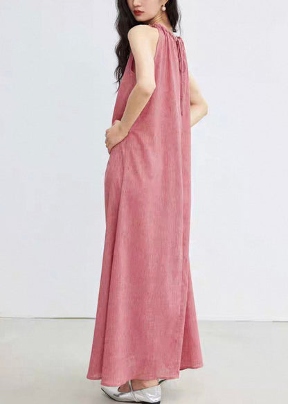 Plus Size Pink Lace Up Solid Cotton Long Dress Sleeveless