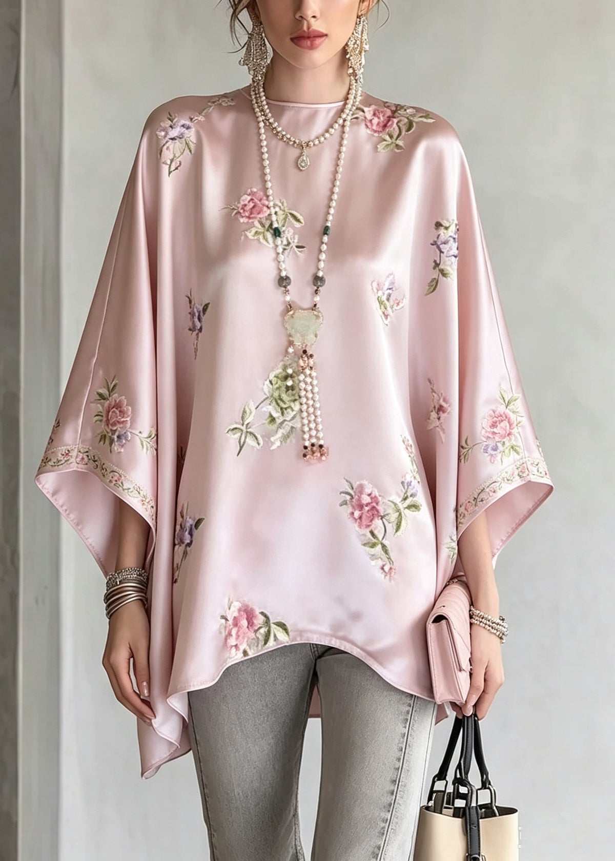 Plus Size Pink O-Neck Print Shirt Tops Fall