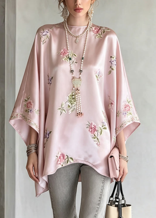 Plus Size Pink O-Neck Print Shirt Tops Fall