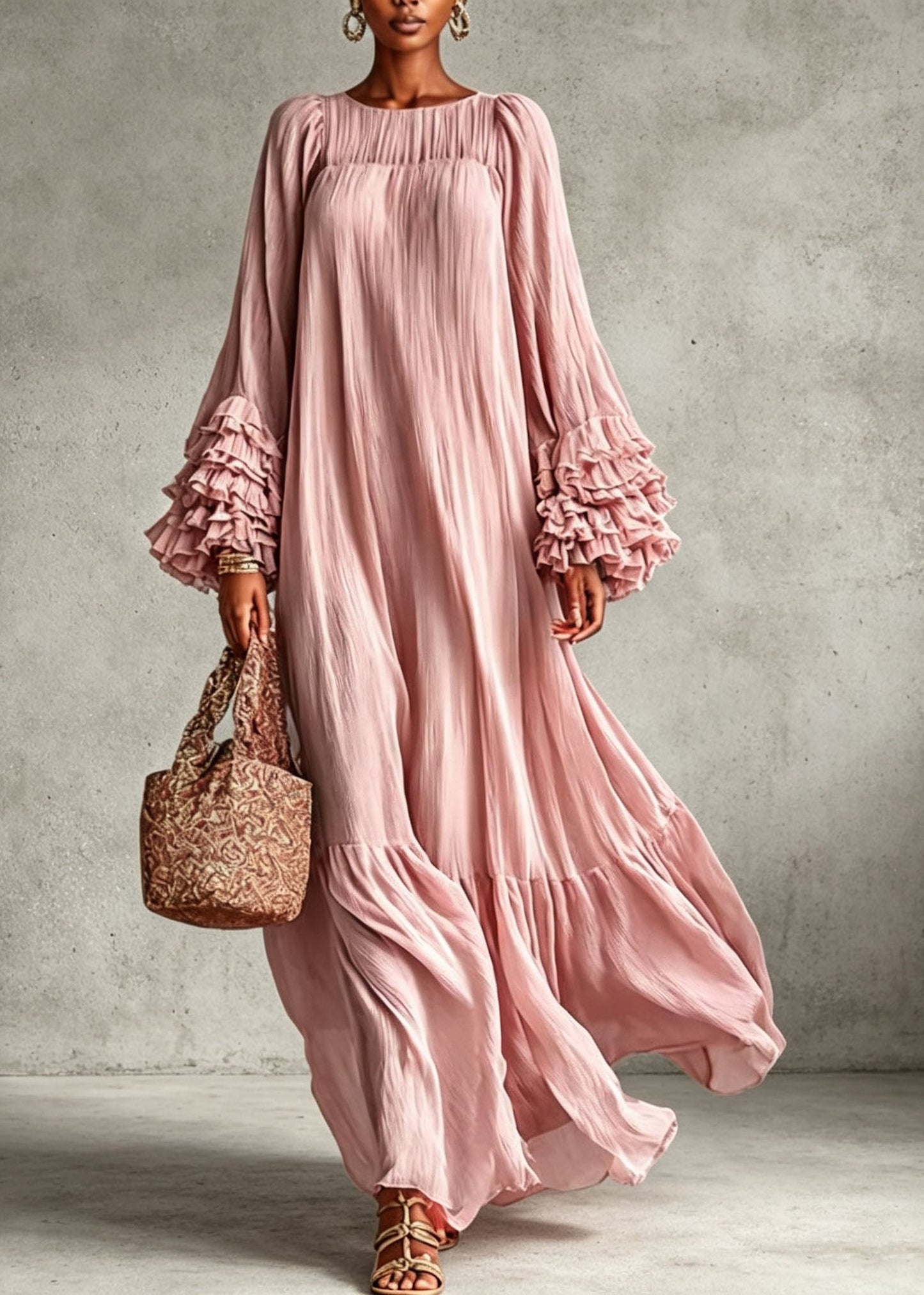 Plus Size Pink O Neck Ruffled Patchwork Cotton Robe Dresses Fall
