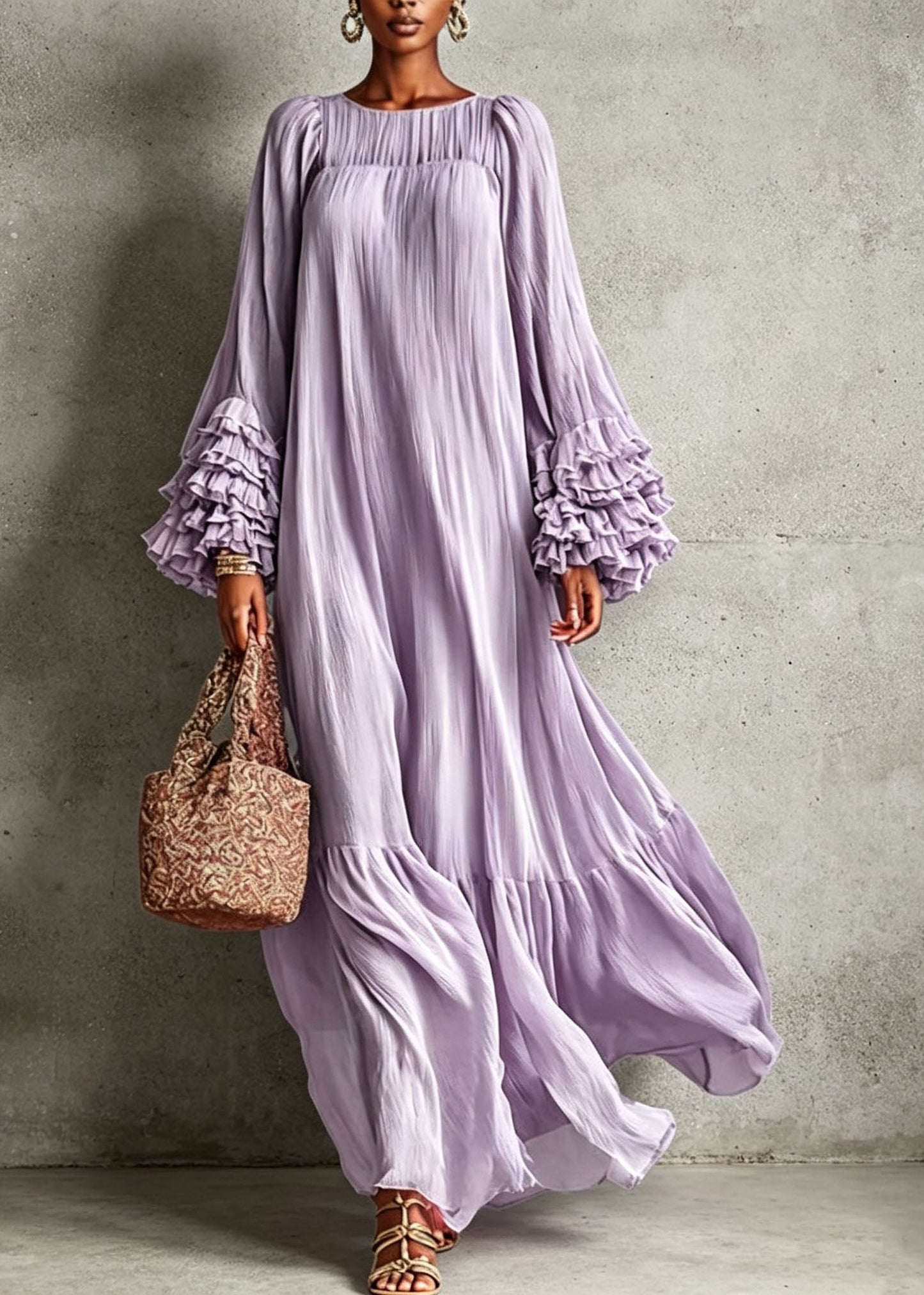 Plus Size Pink O Neck Ruffled Patchwork Cotton Robe Dresses Fall