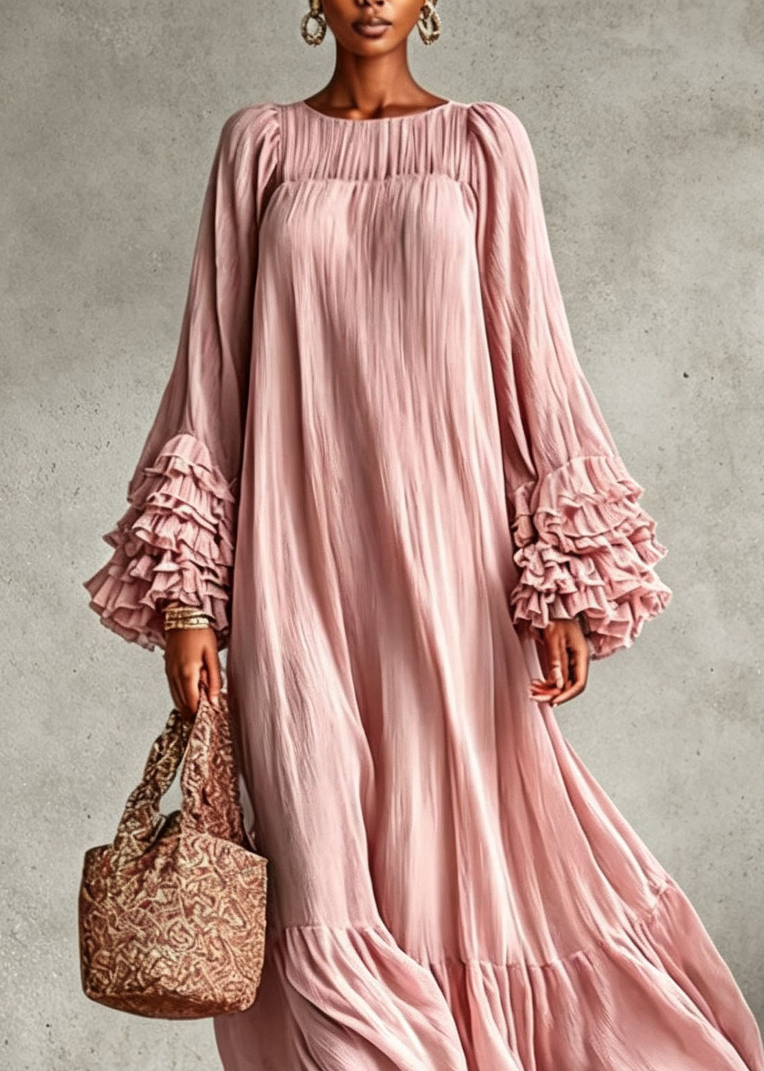 Plus Size Pink O Neck Ruffled Patchwork Cotton Robe Dresses Fall