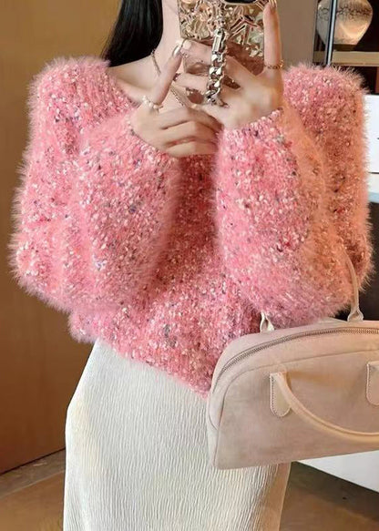 Plus Size Pink Oversized Fuzzy Fur Fluffy Knit Sweaters Winter