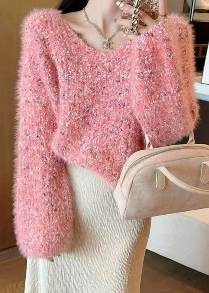 Plus Size Pink Oversized Fuzzy Fur Fluffy Knit Sweaters Winter