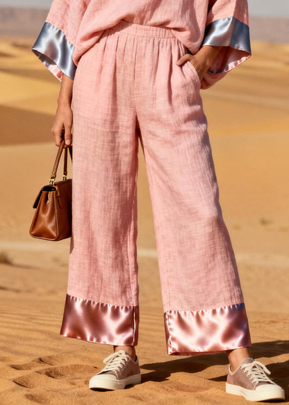 Plus Size Pink Oversized Patchwork Linen Silk Two Pieces Set Spring