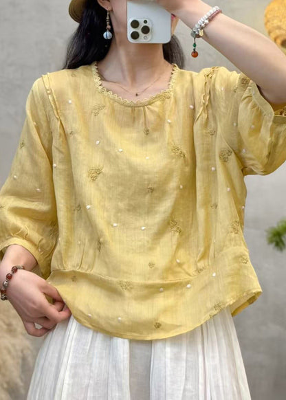 Plus Size Pink Patchwork Linen Shirts Embroidered Floral Summer