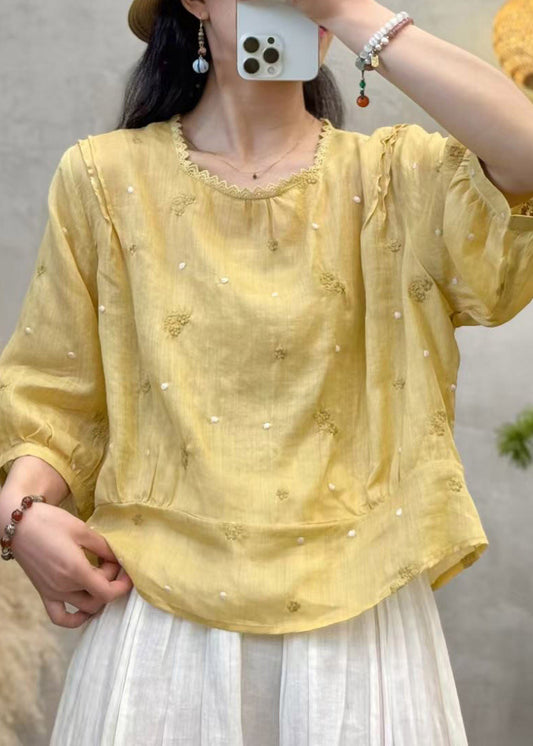 Plus Size Pink Patchwork Linen Shirts Embroidered Floral Summer