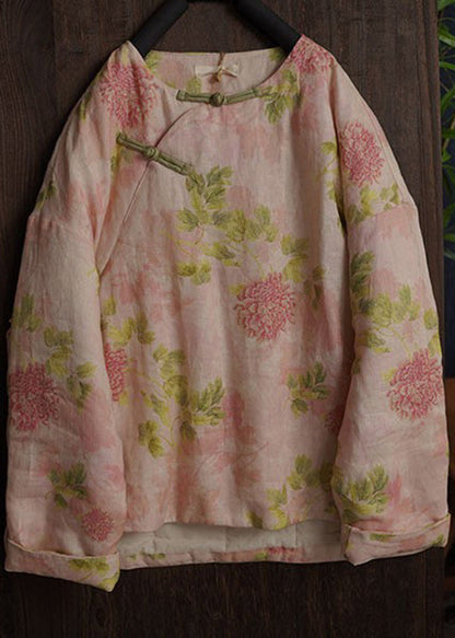 Oriental Beige O-Neck Print Fine Cotton Filled Coats
