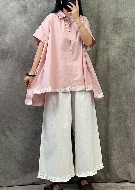 Plus Size Pink Peter Pan Collar Asymmetrical Cotton Shirt Top Summer