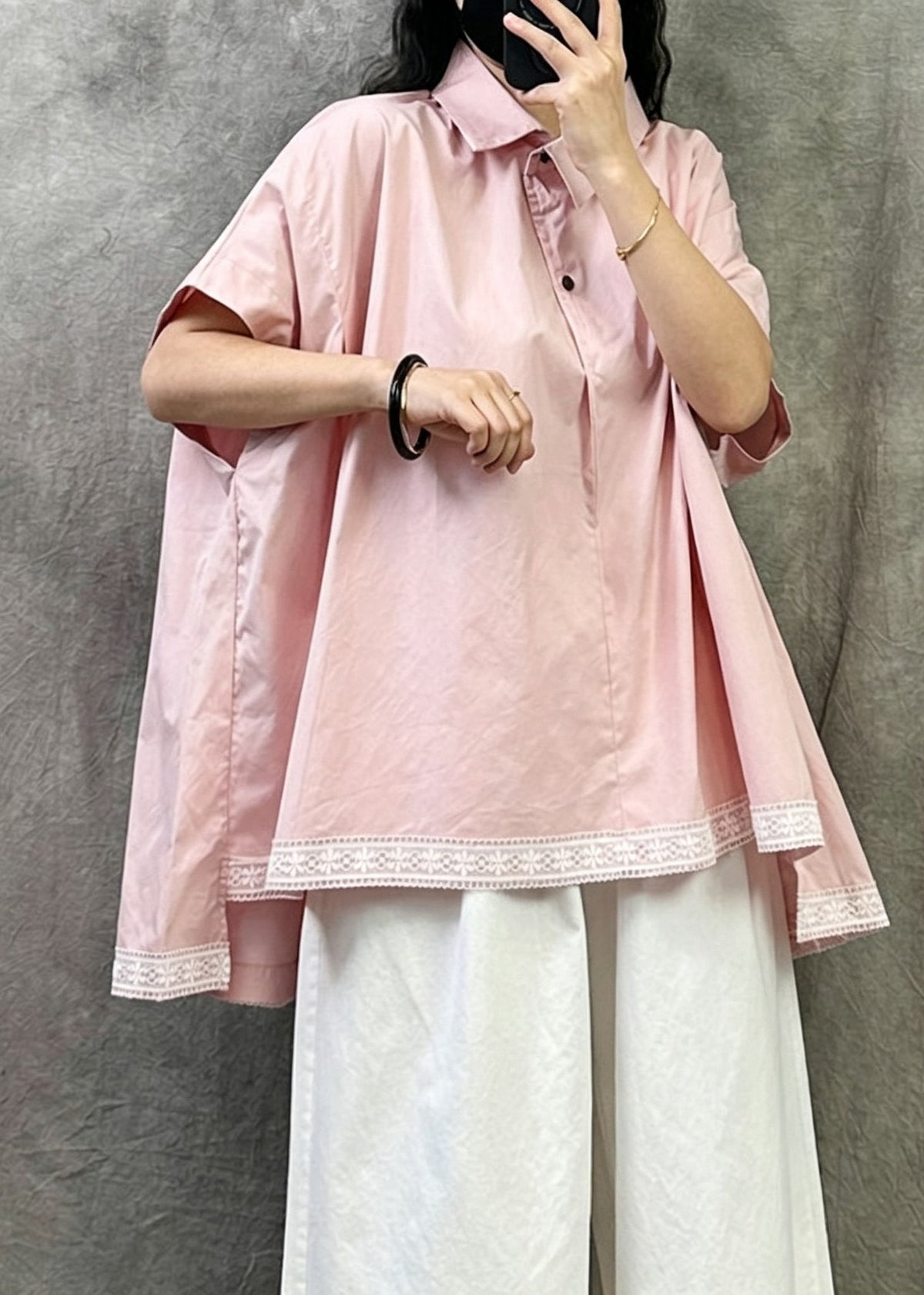Plus Size Pink Peter Pan Collar Asymmetrical Cotton Shirt Top Summer