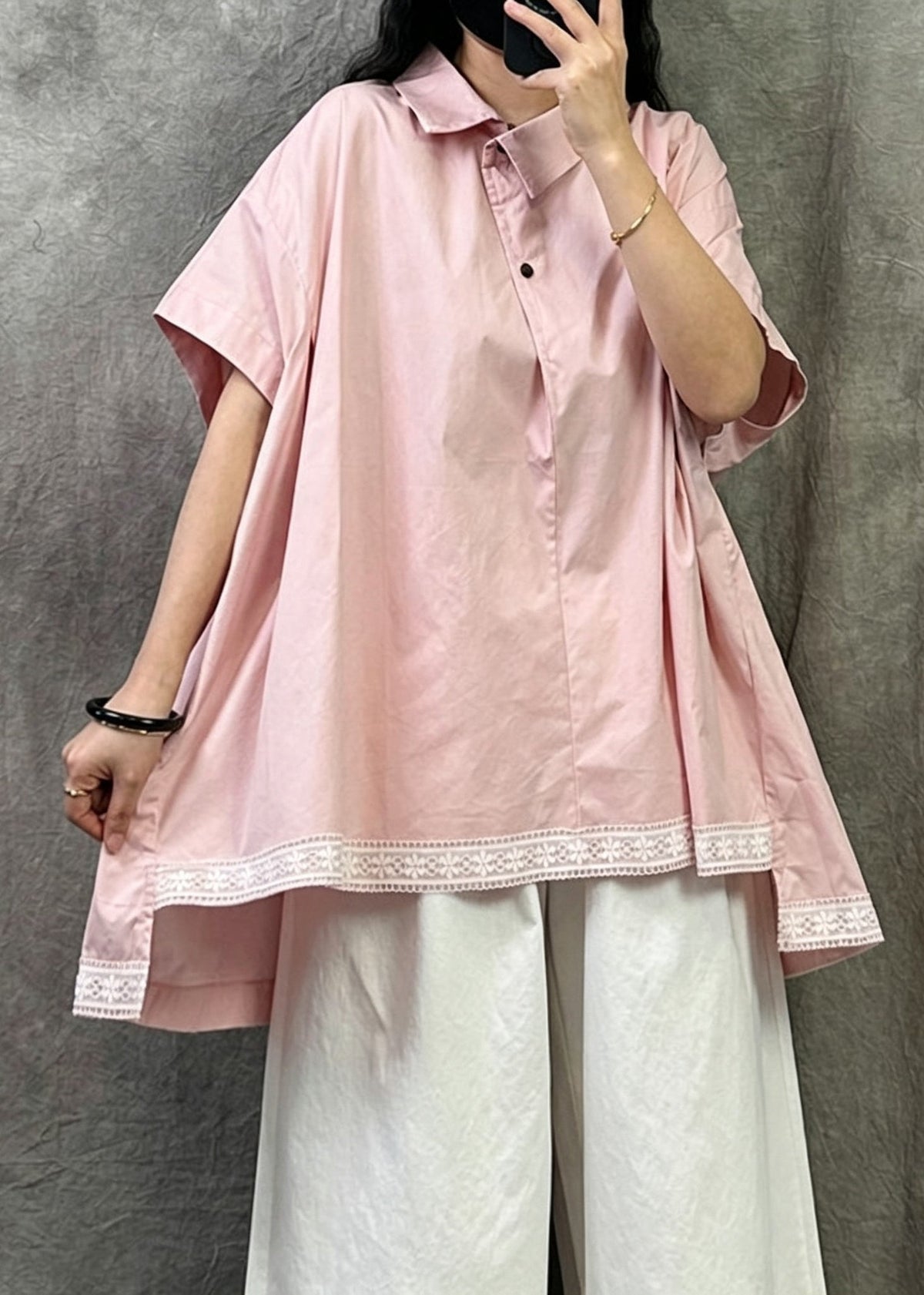 Plus Size Pink Peter Pan Collar Asymmetrical Cotton Shirt Top Summer
