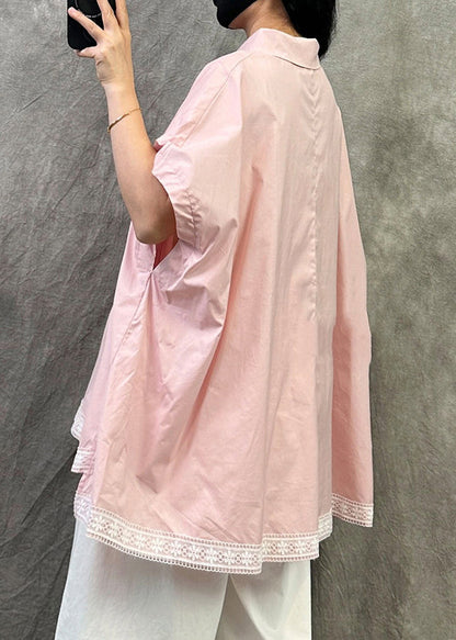 Plus Size Pink Peter Pan Collar Asymmetrical Cotton Shirt Top Summer