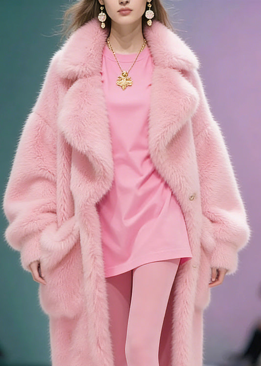 Plus Size Pink Peter Pan Collar Pockets Patchwork Fuzzy Fur Fluffy Coat Winter