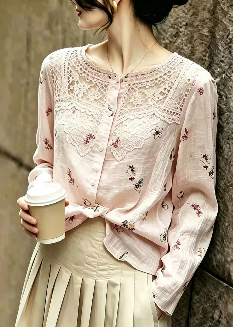 Plus Size Pink Print Patchwork Lace Shirt Tops Summer