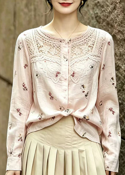Plus Size Pink Print Patchwork Lace Shirt Tops Summer