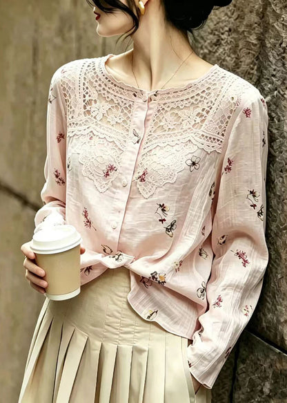 Plus Size Pink Print Patchwork Lace Shirt Tops Summer