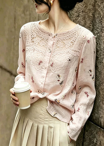 Plus Size Pink Print Patchwork Lace Shirt Tops Summer