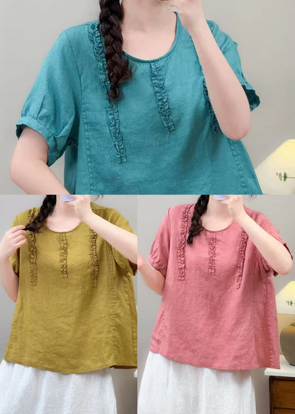 Plus Size Pink Ruffled Cotton Shirt Top Summer