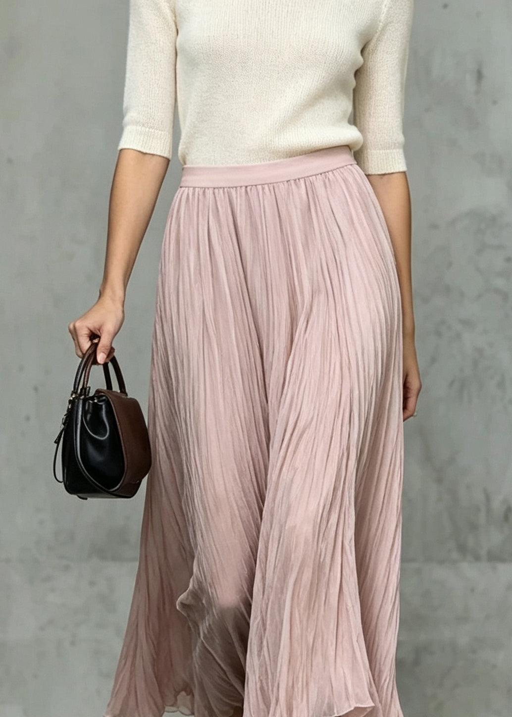 Plus Size Pink Wrinkled Elastic Waist Silk Skirt Fall