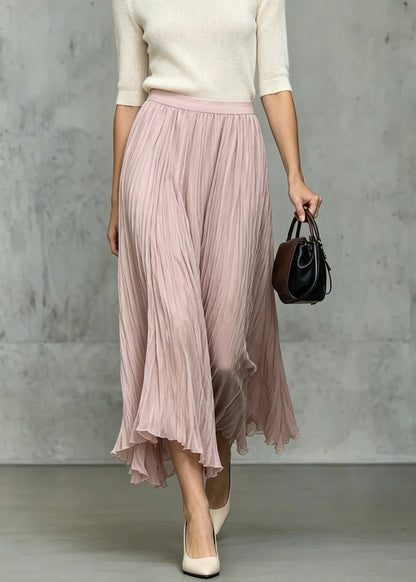 Plus Size Pink Wrinkled Elastic Waist Silk Skirt Fall