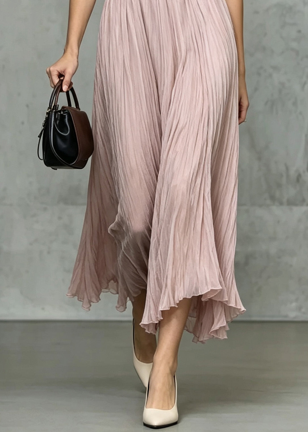 Plus Size Pink Wrinkled Elastic Waist Silk Skirt Fall