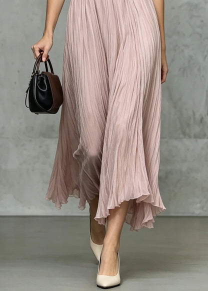 Plus Size Pink Wrinkled Elastic Waist Silk Skirt Fall