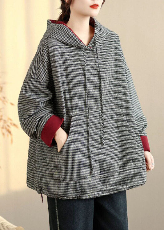 Plus Size Plaid Drawstring Pockets Fleece Hooded Sweatshirts Winter