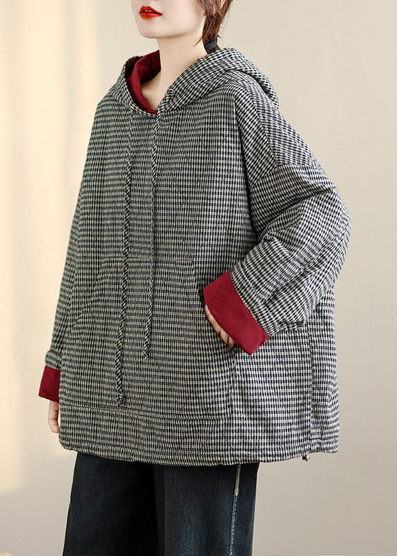 Plus Size Plaid Drawstring Pockets Fleece Hooded Sweatshirts Winter