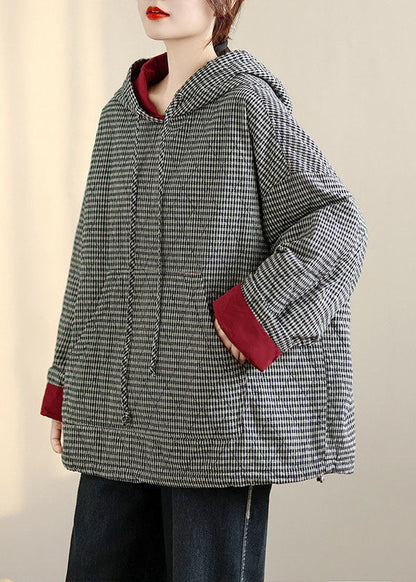 Plus Size Plaid Drawstring Pockets Fleece Hooded Sweatshirts Winter