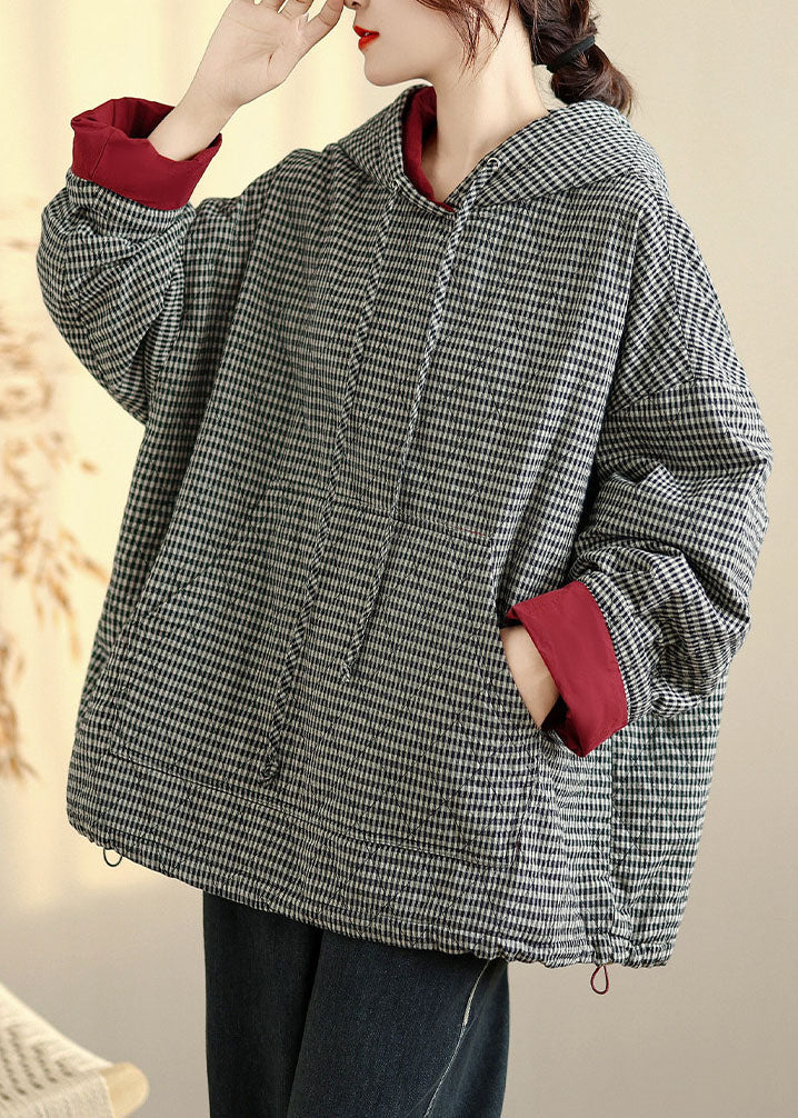 Plus Size Plaid Drawstring Pockets Fleece Hooded Sweatshirts Winter