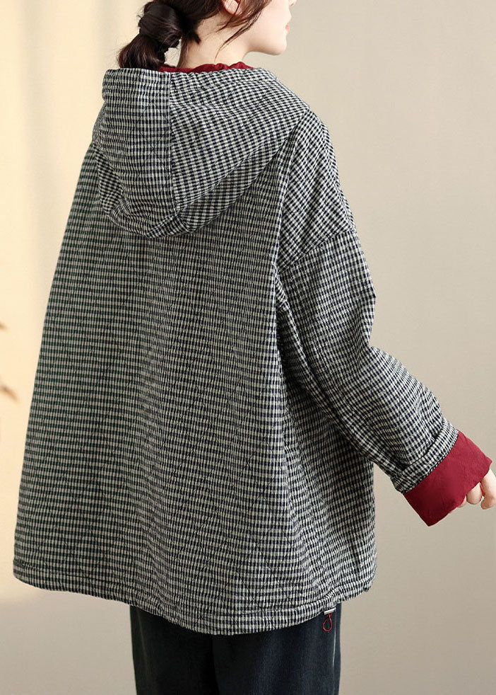 Plus Size Plaid Drawstring Pockets Fleece Hooded Sweatshirts Winter