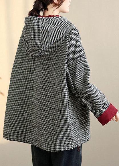Plus Size Plaid Drawstring Pockets Fleece Hooded Sweatshirts Winter