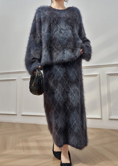 Plus Size Plaid O Neck Cweaters And Skirts Ma Hai Mao Two Pieces Set Winter