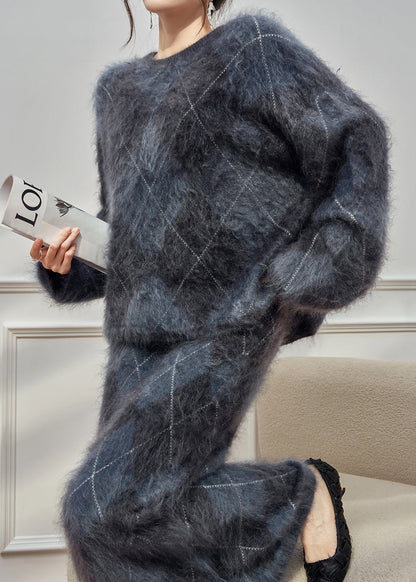 Plus Size Plaid O Neck Cweaters And Skirts Ma Hai Mao Two Pieces Set Winter